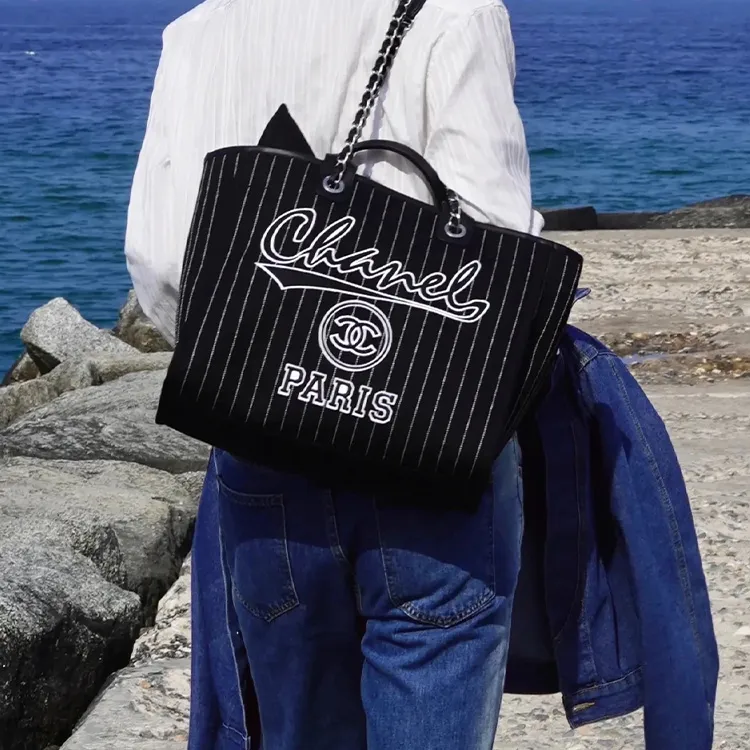 CHANEL Cotton With Calfskin Tote Bag, Shopping Bag, Handbag Tubas Women's Black/White-4