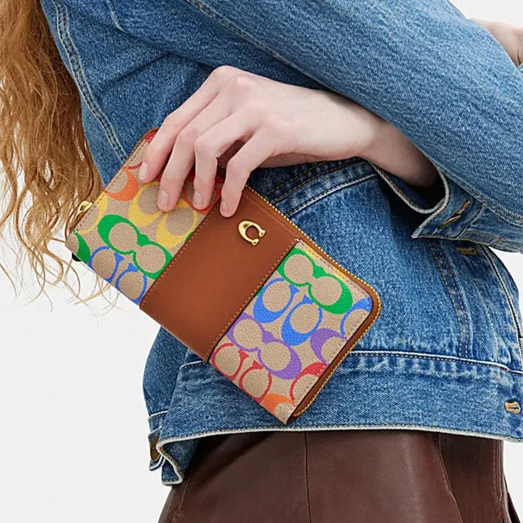 COACH Accordion Zip Cow Leather Clutches Wallets Small Size Women's Brown & Rainbow-2