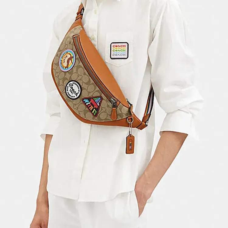 COACH Warren PVC Sling Bag, Crossbody Bag, Fanny Pack Large Size Men's Khaki & Brown-3
