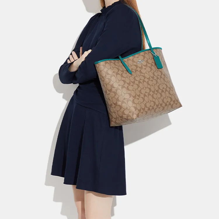 COACH City Canvas With Leather Tote Bag, Shopping Bag, Shoulder Bag, Handbag Large Size Women's Khaki & Blue Green-3