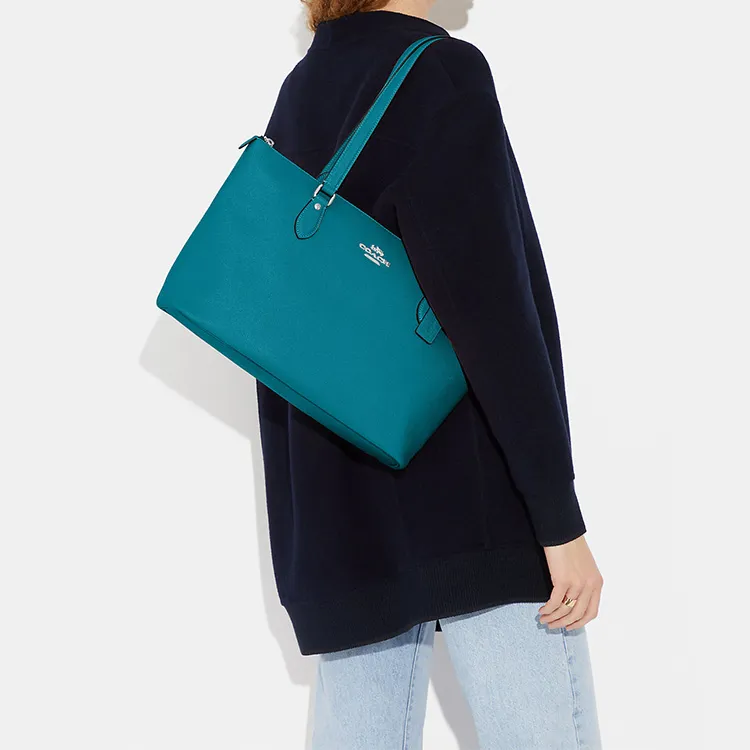 COACH Gallery Cross-Stitch Leather Tote Bag Shopping Bag Shoulder Bag Handbag Large Size Women's Azure Blue-3