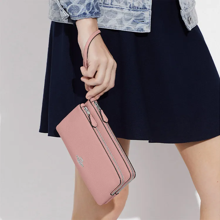COACH Double Zip Wallet Pebbled Leather Clutches Wallets Small Size Women's Nude Pink-2