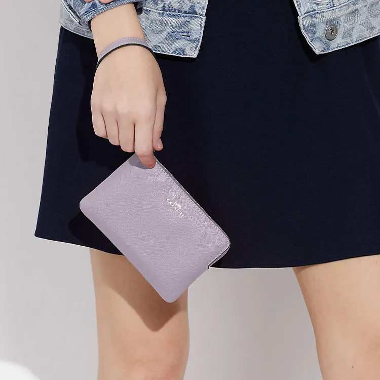COACH Corner Zip Cross-Stitch Leather Wrist Wallets Clutches Small Size Women's Purple-4