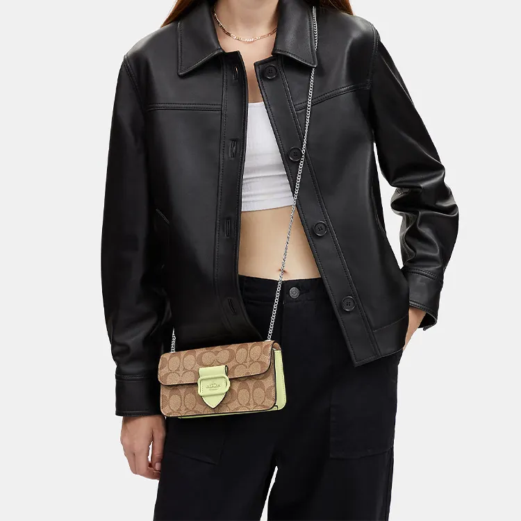 COACH Morgan Canvas With Leather Baguette Bag Shoulder Bag Crossbody Bag Small Size Women's Brown-3