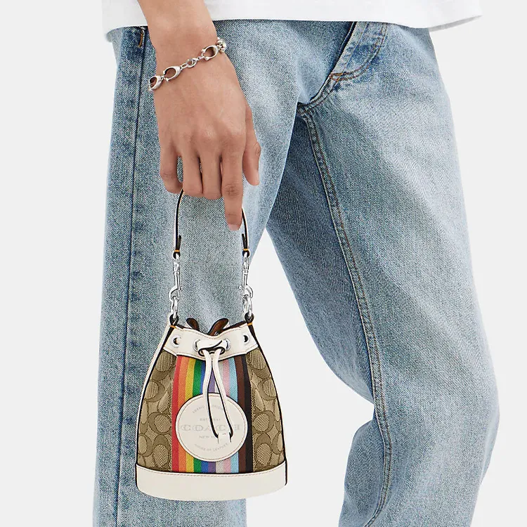 COACH Dempsey Canvas With Leather Bucket Bag, Shoulder Bag, Crossbody Bag Mini Women's Brown & White-3