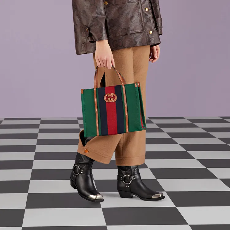 GUCCI Cotton Fabric With Leather Tote Bag Shopping Bag Handbag Small Size Women's Green/Red/Dark Blue-10