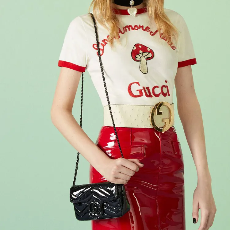GUCCI Marmont Patent Leather Mamon 16 Chain Flap Bag Shoulder Bag, Crossbody Bag Extra Mini Women's Black-10