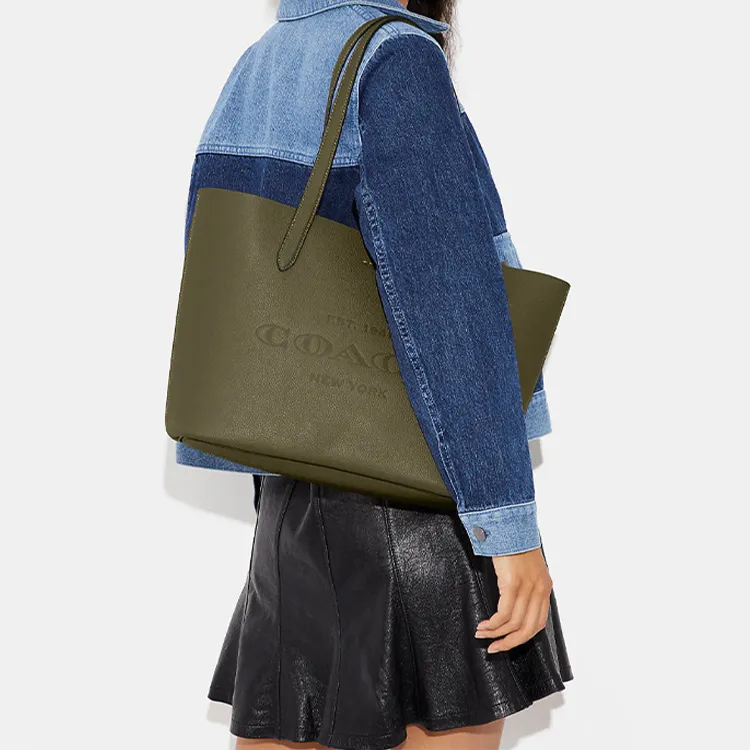 COACH Pebbled Leather Tote Bag, Shopping Bag, Handbag, Shoulder Bag Women's Olive Green-4