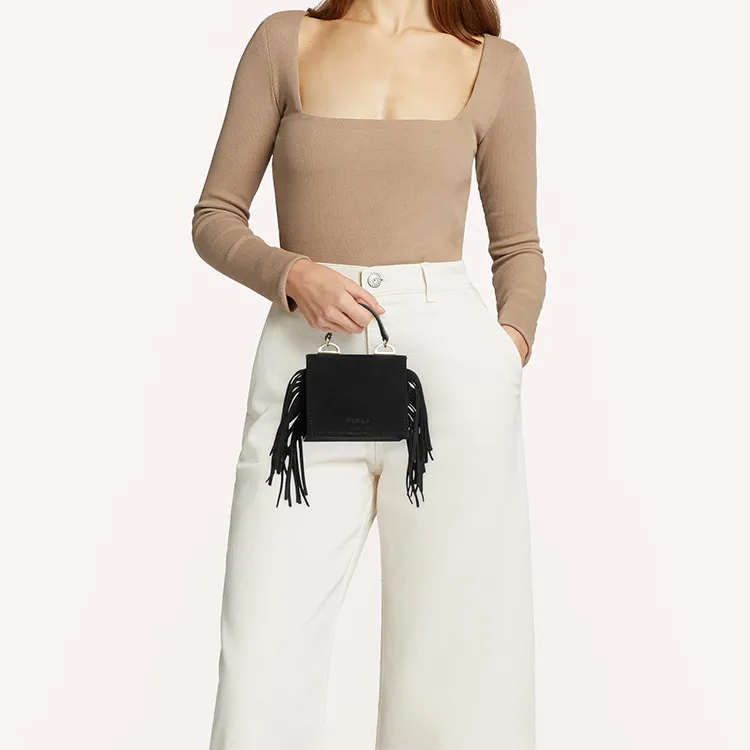 Furla Linea Futura Suede With Cow Leather Handbag Shoulder Bag Crossbody Bag Mini Women's Black-4