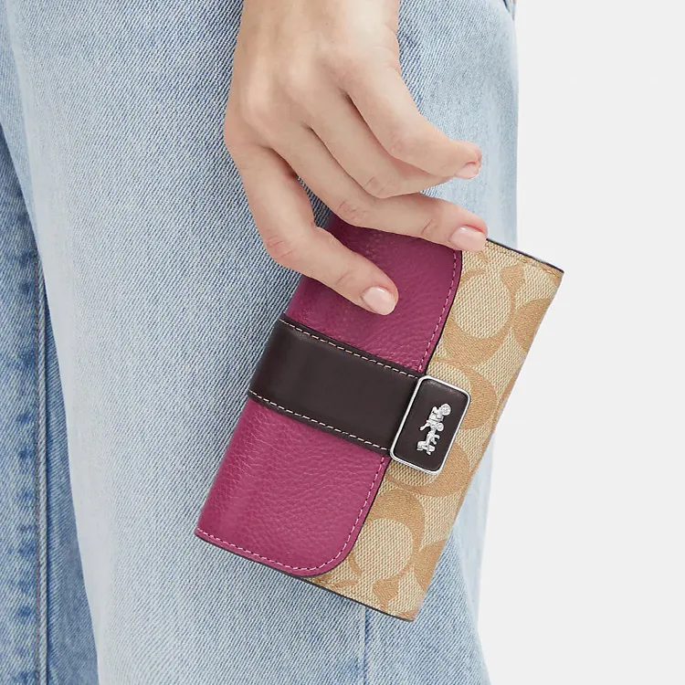 COACH Grace Canvas With Leather Coin Purses Wallets Medium Size Women's Brown & Rose Red-2