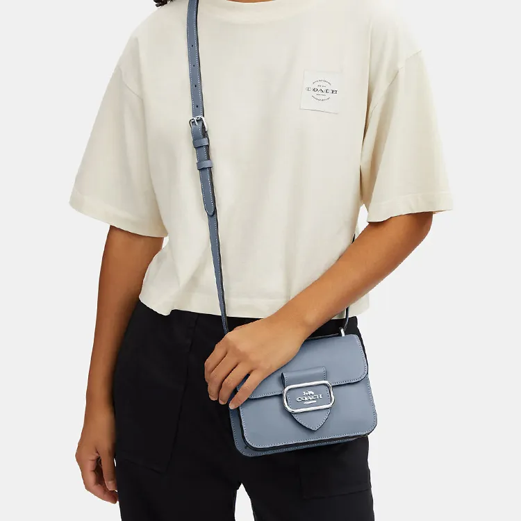 COACH Calfskin Square Bag, Shoulder Bag, Crossbody Bag Trumpets Women's Light Gray Blue-3