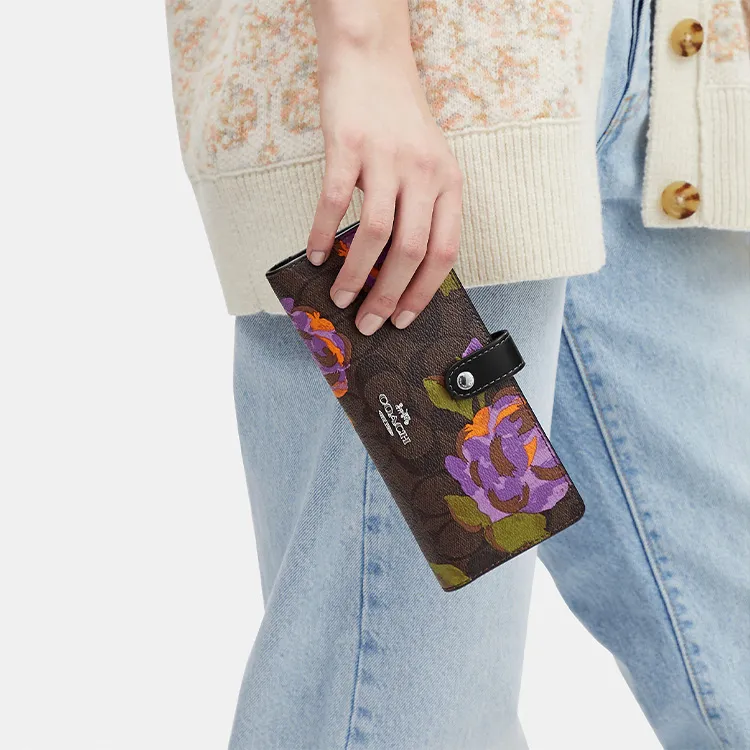 COACH Slim Wallet Canvas With Leather Clutches Wallets Small Size Women's 1Brown & Purple Pattern-3