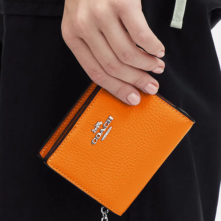 COACH Snap Wallet Pebbled Leather With Canvas Accents Coin Purses Wallets Women's Bright Orange-2