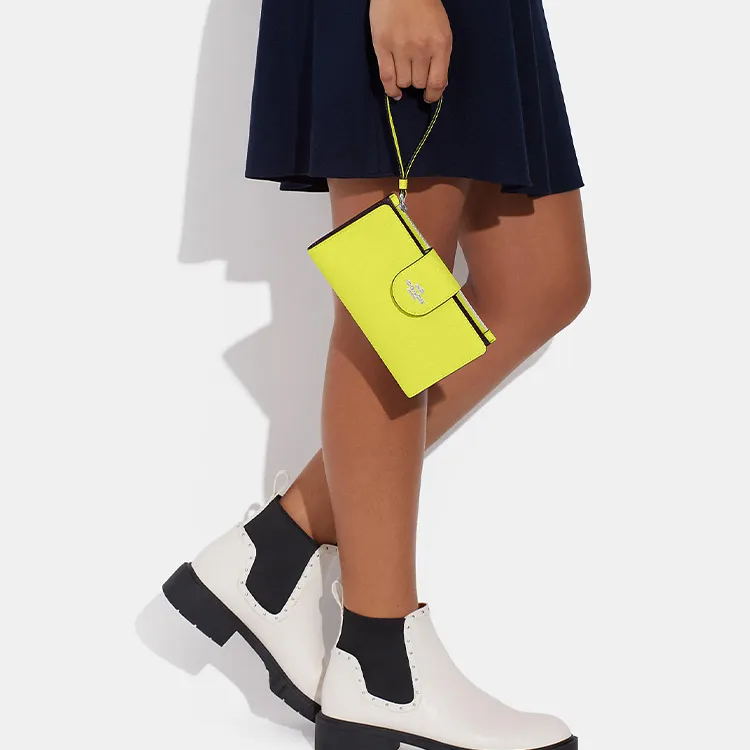 COACH Tech Wallet Cross-Stitch Leather Wrist Bags Clutches Wallets Small Size Women's Lemon-2