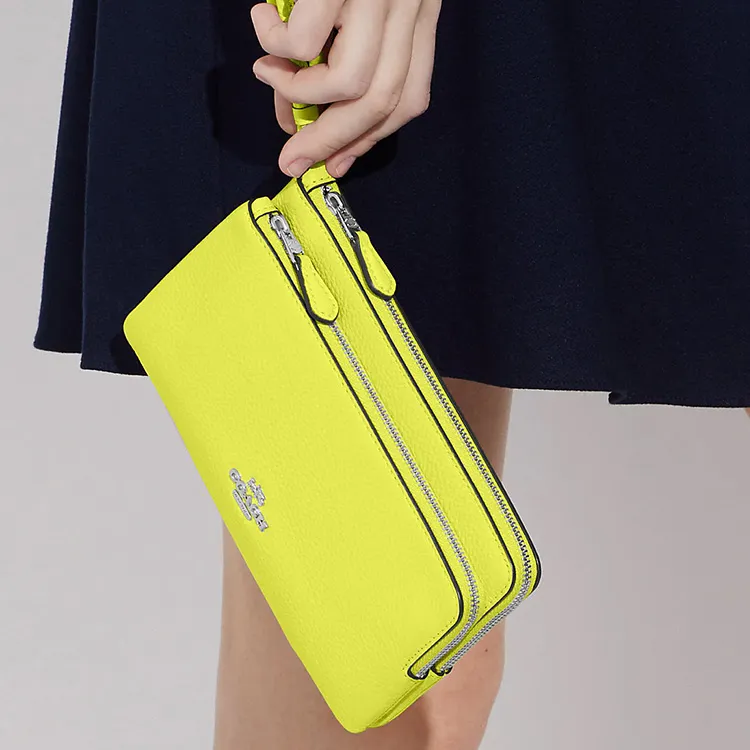 COACH Double Zip Wallet Pebbled Leather Coin Purses Wallets Small Size Women's Lemon Yellow-2