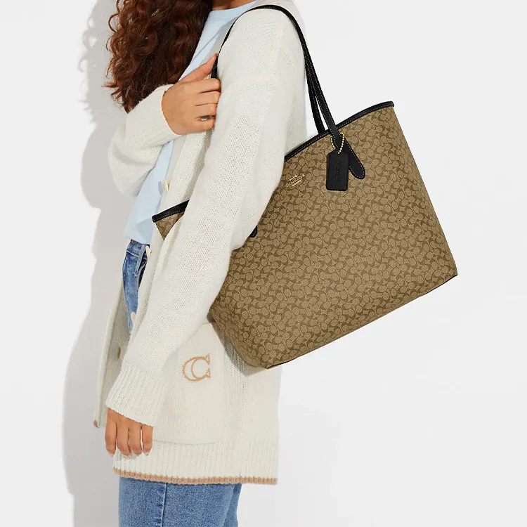 COACH City Canvas With Leather Canvas Bag Tote Bag Shopping Bag Handbag Shoulder Bag Women's Khaki-3