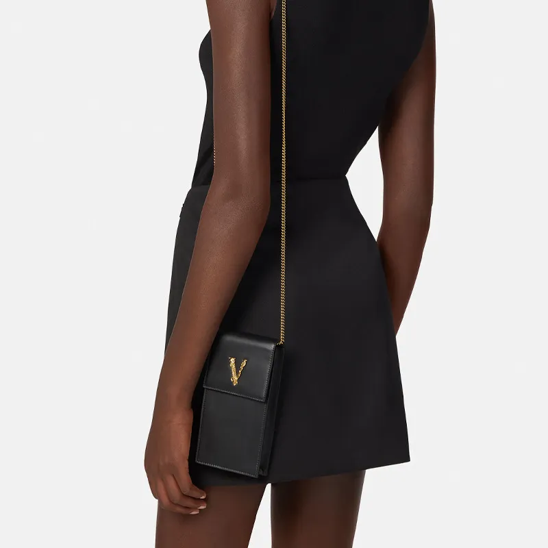VERSACE Virtus Leather Cell Phone Pouch Women's Black-4