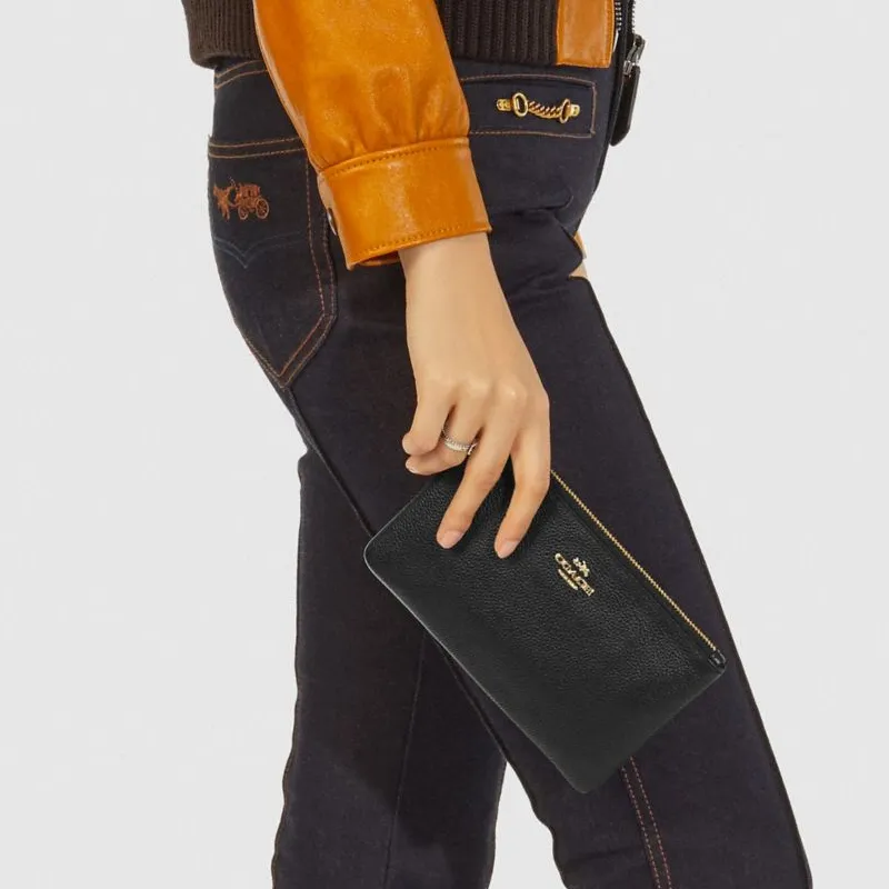 COACH Wristlet Leather Makeup Bag, Clutch Trumpets Women's Black-5