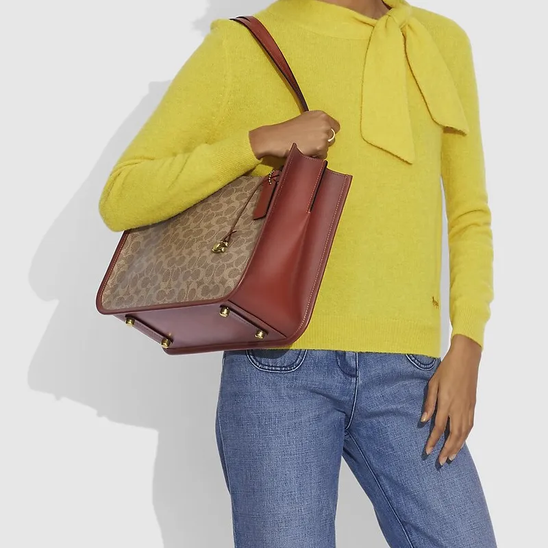 COACH Tyler Leather Handbags Shoulder Bags Women's Orange Red & Brown-4