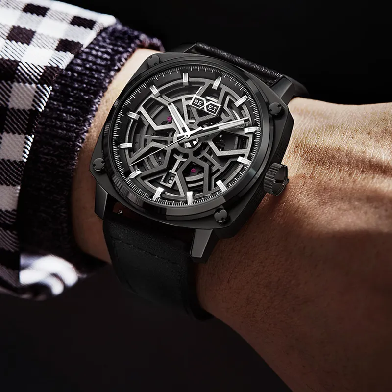 BEXEI Urban Road Mechanical Movement Genuine Leather Strap Watch Men's Watches Black Dial 9057-HKHM-2