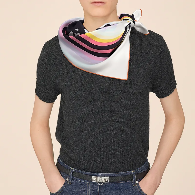 HERMES Silk Scarves Unisex Cream/Black/Neon Pink-1