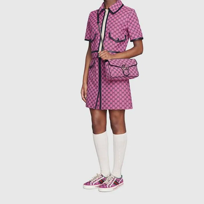 GUCCI GG Marmont Patchwork Canvas One Shoulder Canvas Bag Crossbody Bags Small Size Women's Pink/Dark Blue-9