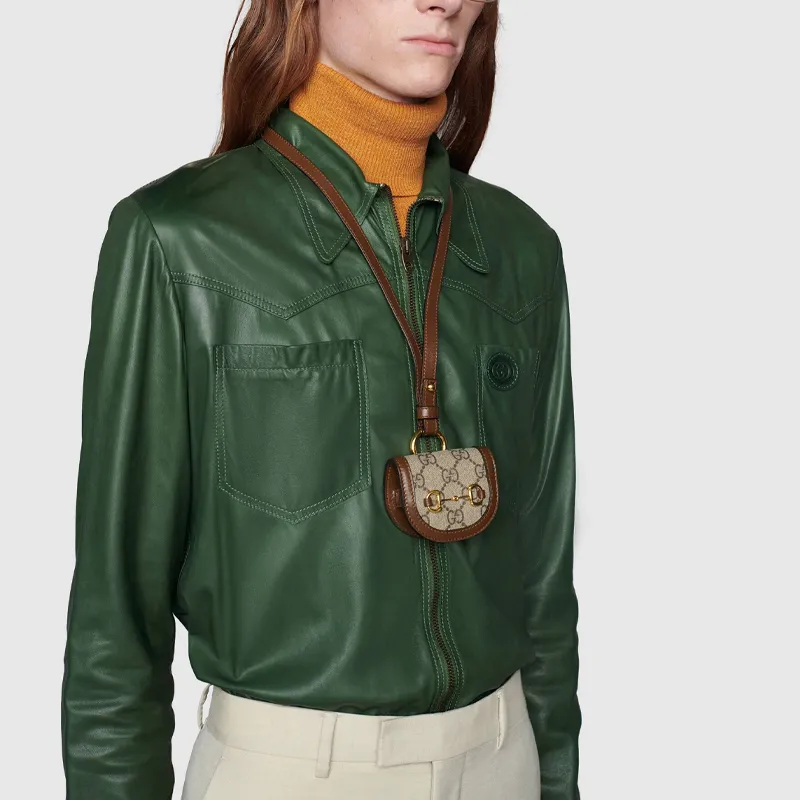 GUCCI Canvas With Leather Airpods Protective Cover Necklace Pouch Earphone Case Unisex Ebony/Brown-5