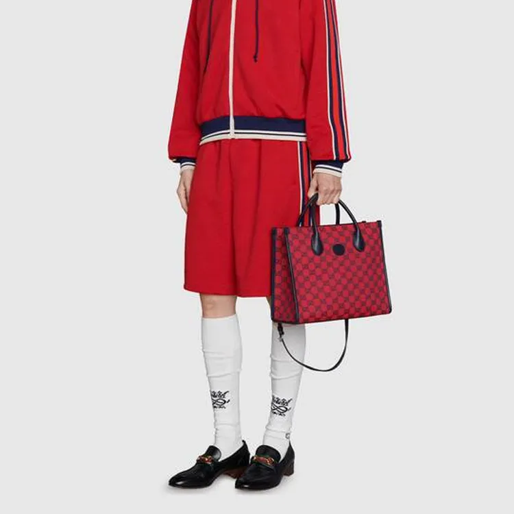 GUCCI Canvas With Leather Tote Bag, Shopping Bag, Shoulder Bag, Crossbody Bag, Handbag Trumpets Unisex Red/Blue-8