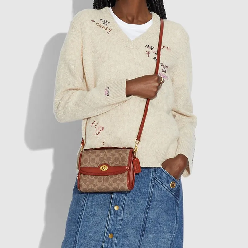 COACH Kip Canvas With Leather Shoulder Bag Crossbody Bag Handbags Small Size Women's Red Brown-3