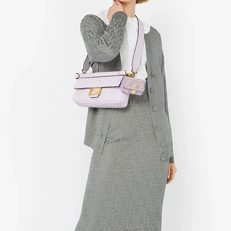 FENDI Baguette Straw Woven Chain Pendant Coin Purse, Crossbody Bag, Shoulder Bag Extra Mini Women's Light Purple-4