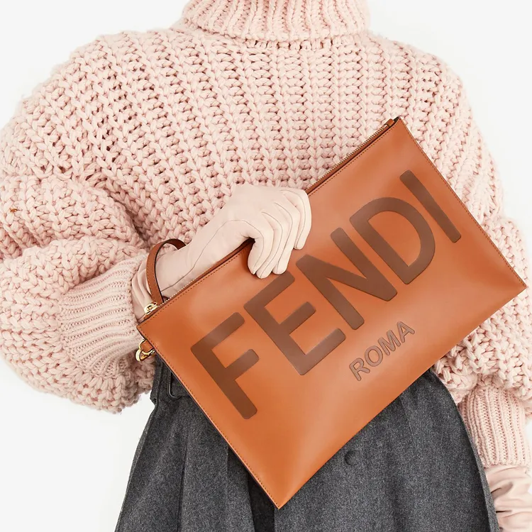 FENDI Calfskin Clutch Large Size Women's Brown-3