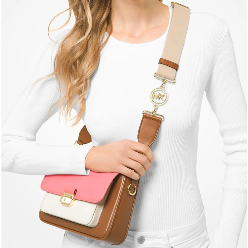 MICHAEL KORS Bradshaw Cow Leather Shoulder Bag, Crossbody Bag Medium Size Women's Acorn Brown & Pink-5
