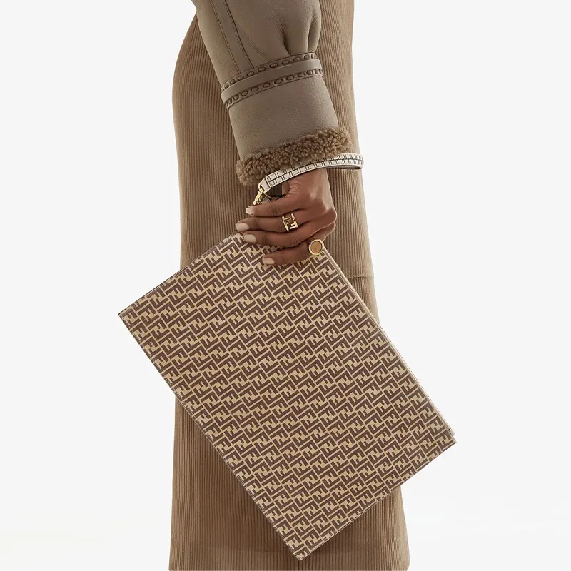 FENDI Leather Clutch Tubas Women's Beige-5