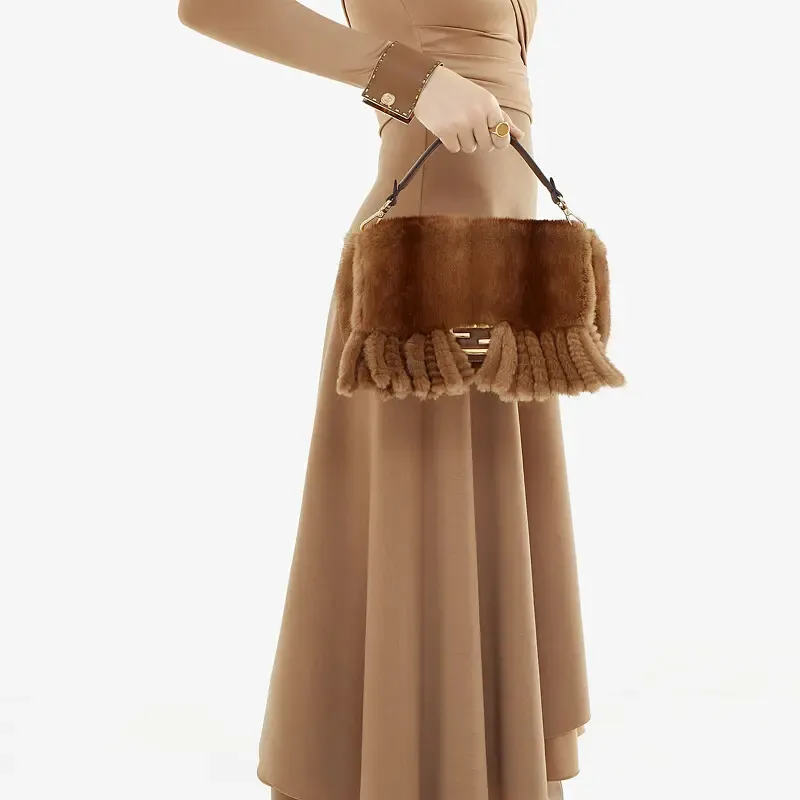 FENDI Baguette Mink Fur Blended With Lambskin Baguette Bag Handbag Shoulder Bag Crossbody Bag Medium Size Women's Brown-4