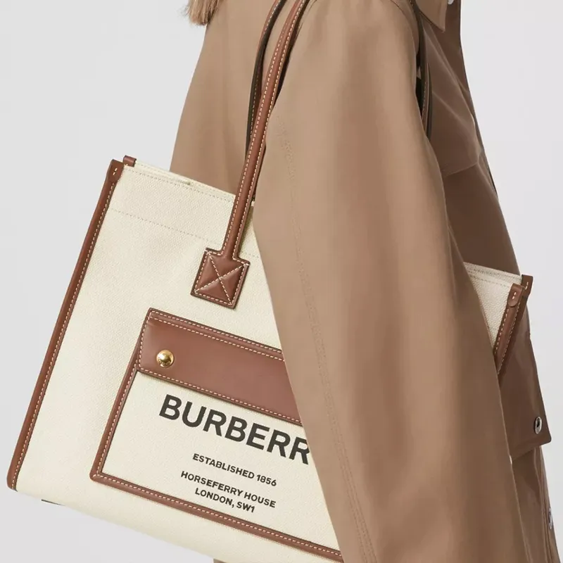 Burberry Freya Cotton With Calfskin Tote Bag, Shopping Bag, Handbag, Shoulder Bag Women's-8