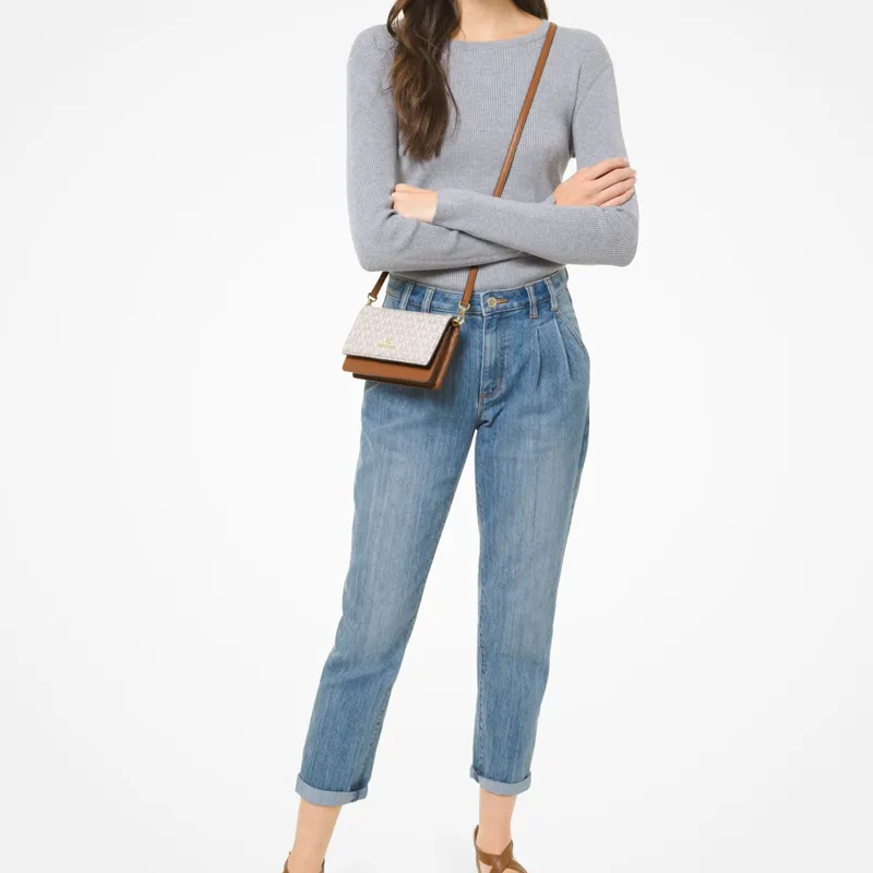 MICHAEL KORS Jet Set Charm Canvas Leather Camera Bag, Crossbody Bag Small Size Women's Vanilla White & Acorn Brown-5