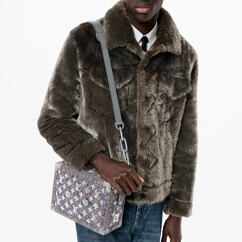 LOUIS VUITTON Leather Small Square Bag, Box Bag, Soft Box Shoulder Bag, Crossbody Bag Men's Gray & Multicolor-5
