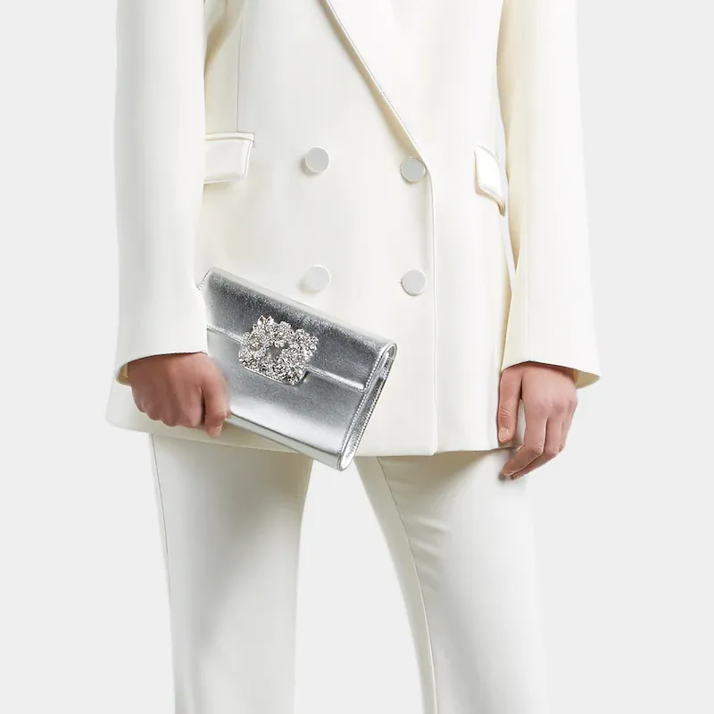 Roger Vivier RV BOUQUET STRASS Cow Leather Evening Party Bag Clutch Shoulder Bag Crossbody Bag Mini Women's Silver-5