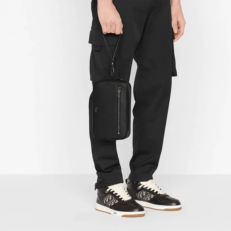 DIOR Grained Calfskin Toiletry Bags Clutches Men's Black-4