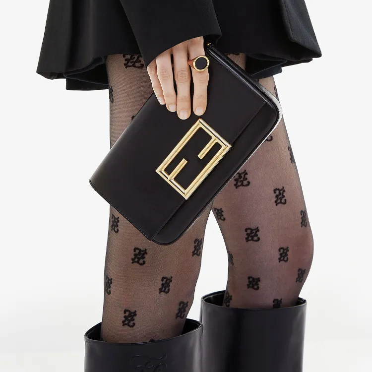 FENDI Calfskin Chain Wallet Shoulder Bag Crossbody Bag Mini Women's Black-6