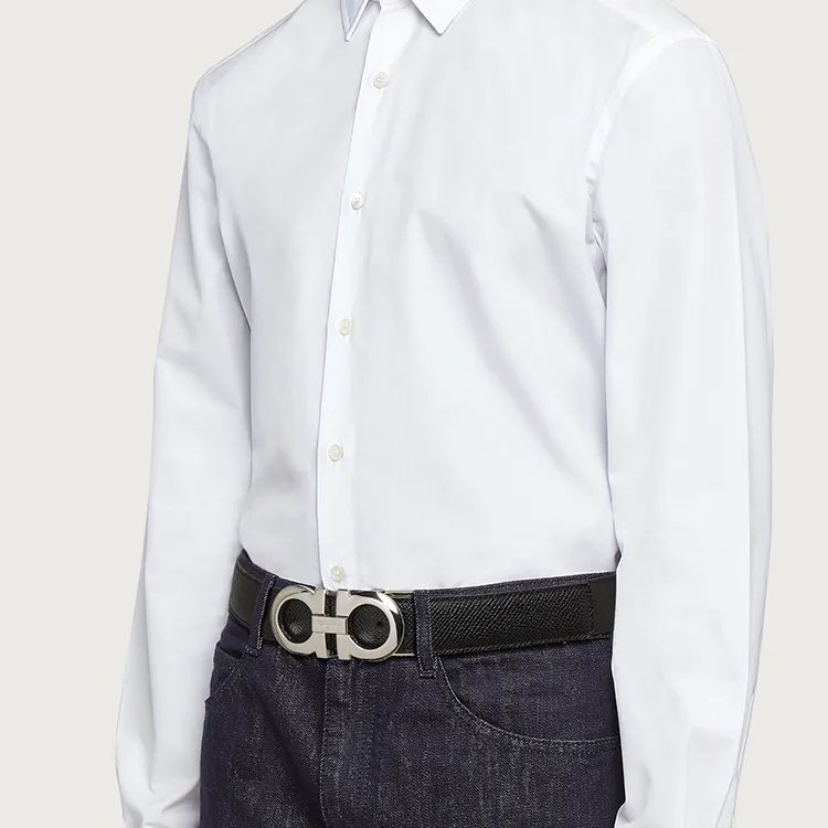 FERRAGAMO Cow Leather Leather Belts Men's Two-Tone Black/Blue Width: 2.5cm-2