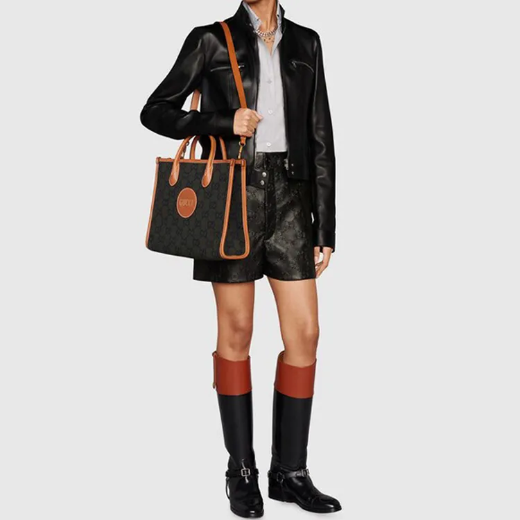 GUCCI Wool Patchwork Leather Tote Bag Shopping Bag Shoulder Bag Crossbody Bag Handbag Unisex Brown-8