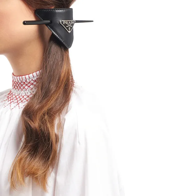 PRADA Leather Hair Clips Women's Black-6