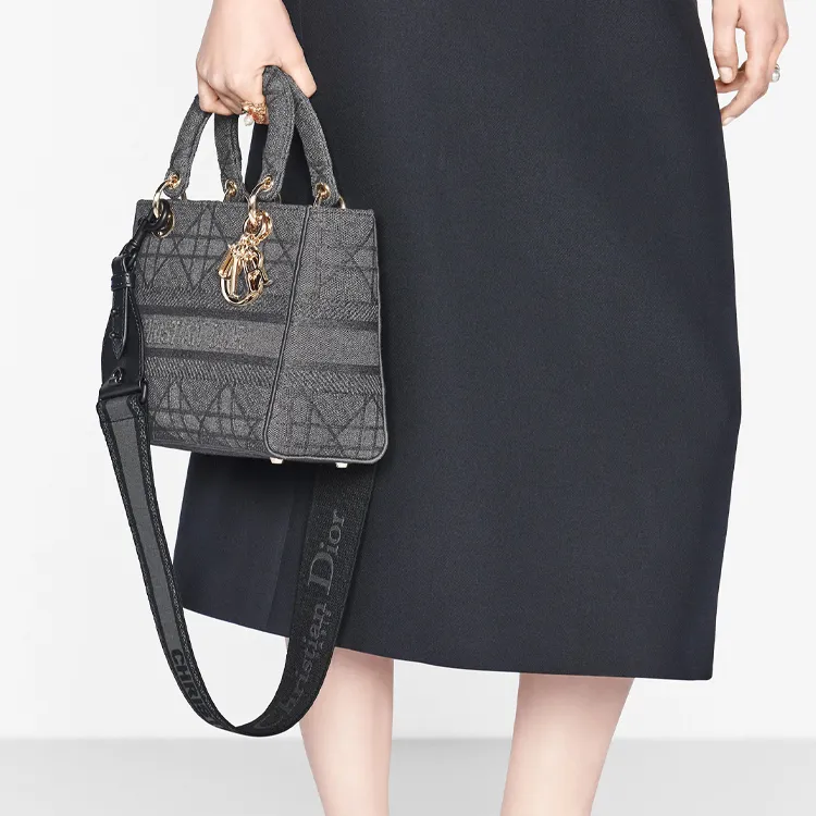 DIOR Lady D Lite Embroidery Handbag Medium Size Women's Gray-7
