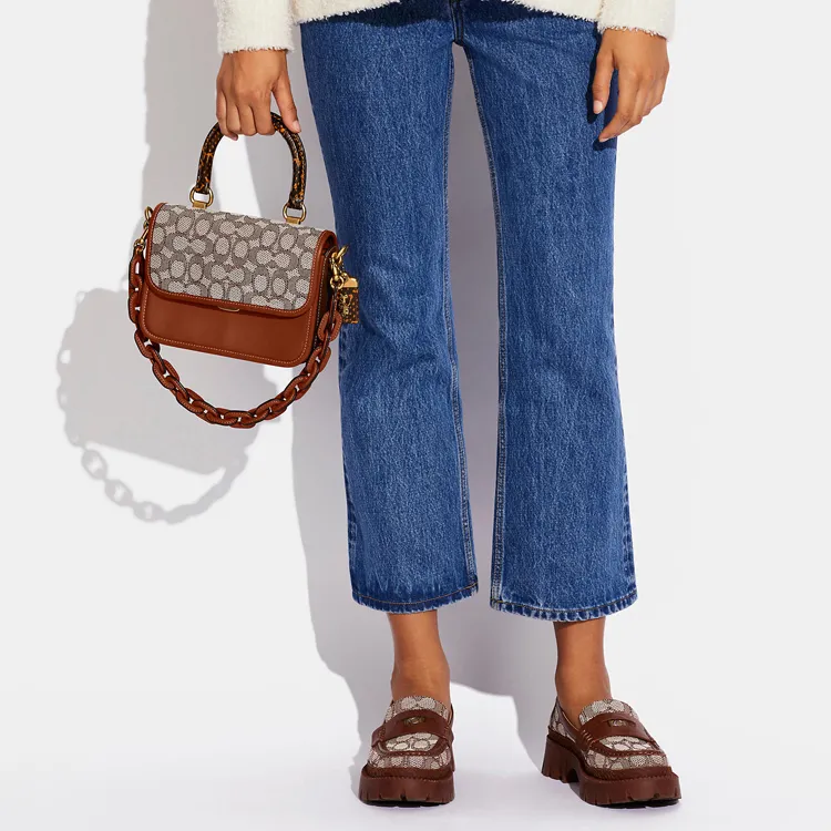 COACH Rogue Leather Small Square Bag, Crossbody Handbag Trumpets Women's Caramel Brown-5