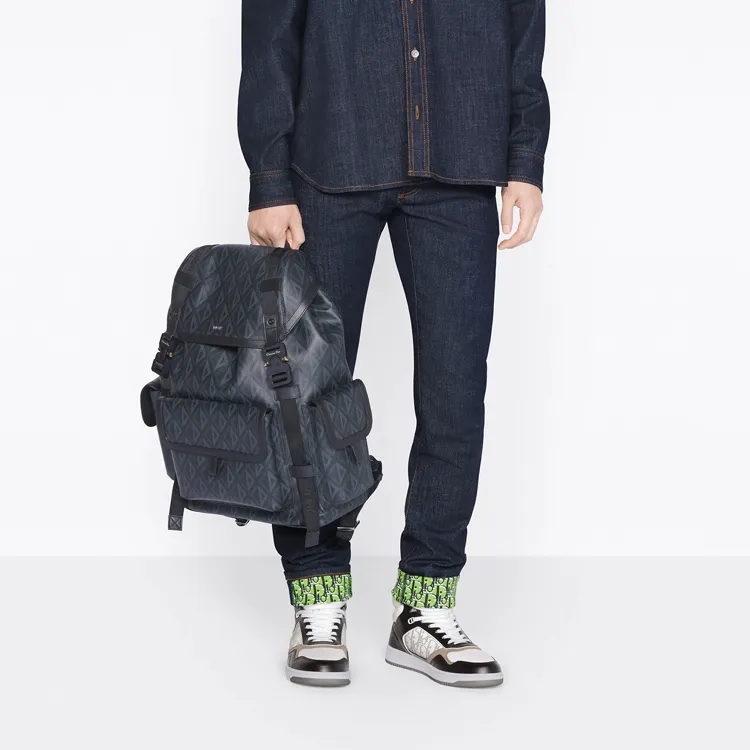 DIOR Smooth Cow Leather Cotton Canvas Backpack Tubas Men's Black-6