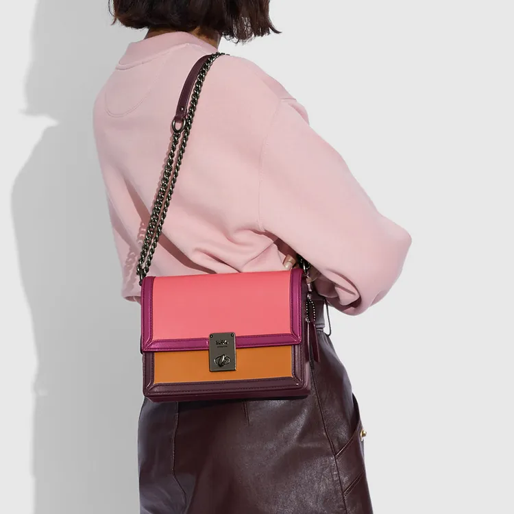 COACH Hutton Calfskin Shoulder Bag Crossbody Bag Small Size Women's Pink/Purple/Brown-4