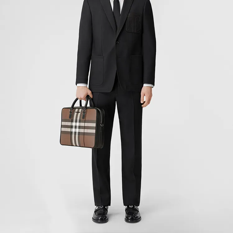 Burberry Plaid Patchwork Leather Briefcase Shoulder Bag Crossbody Bag Handbag Regular Men's Dark Birch Brown-7