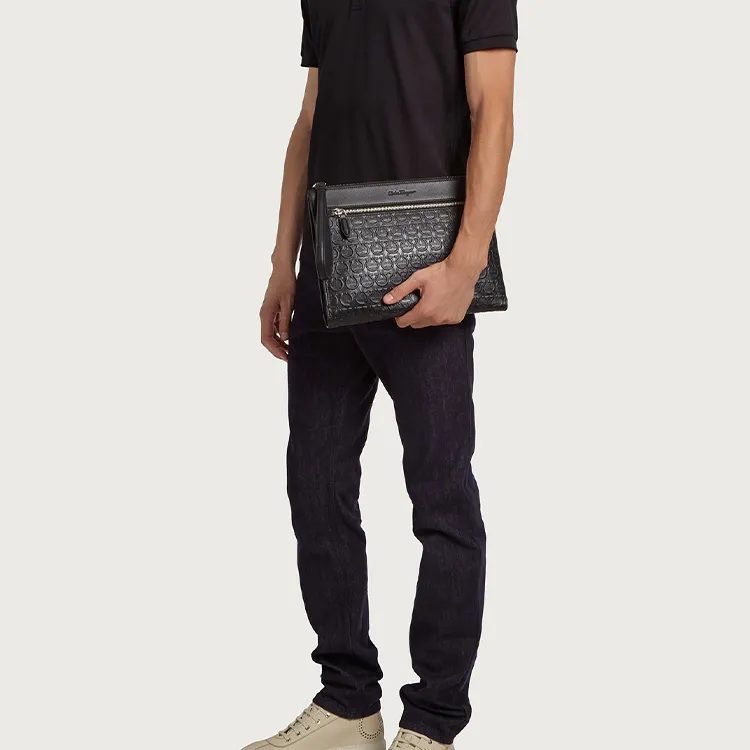 FERRAGAMO Calfskin Clutch Regular Men's Black-5