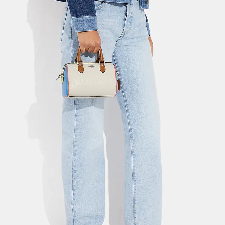 COACH Rowan Leather Boston Bag Shoulder Bag Crossbody Bag Handbag Small Size Women's White & Blue-4